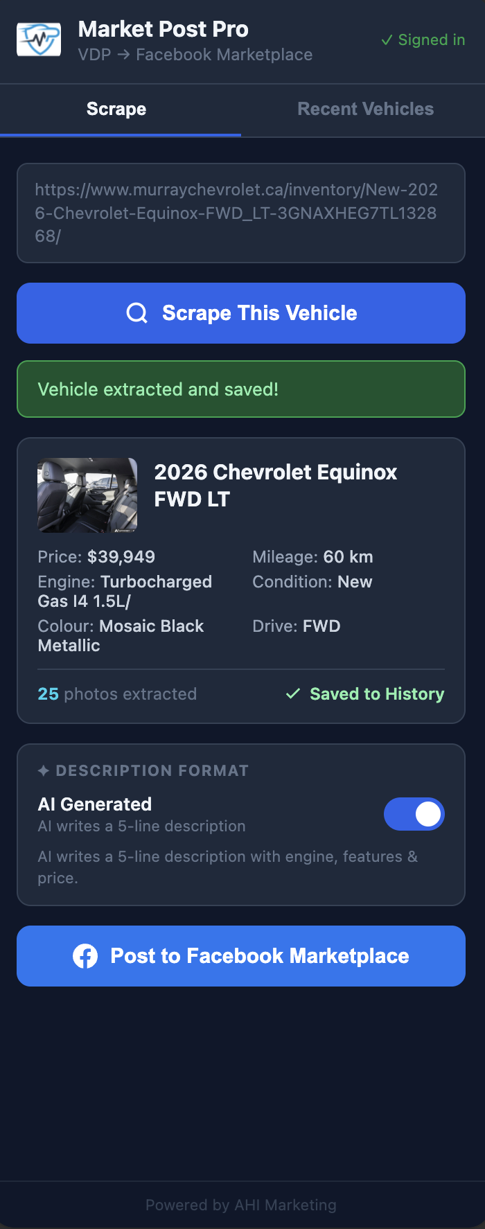 Market Post Pro Chrome extension side panel showing scraped vehicle details and Post to Facebook button