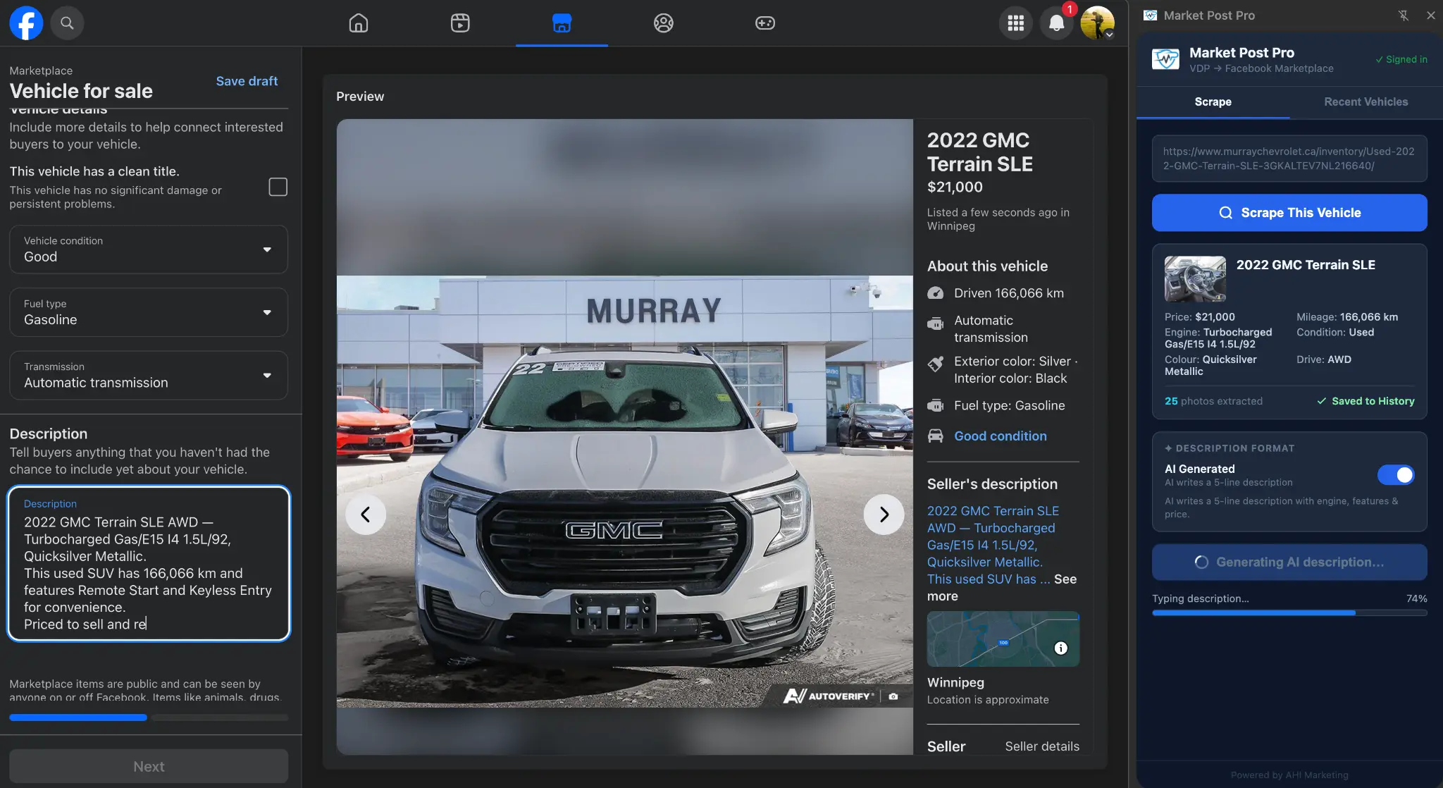 Market Post Pro autofilling a Facebook Marketplace vehicle listing form