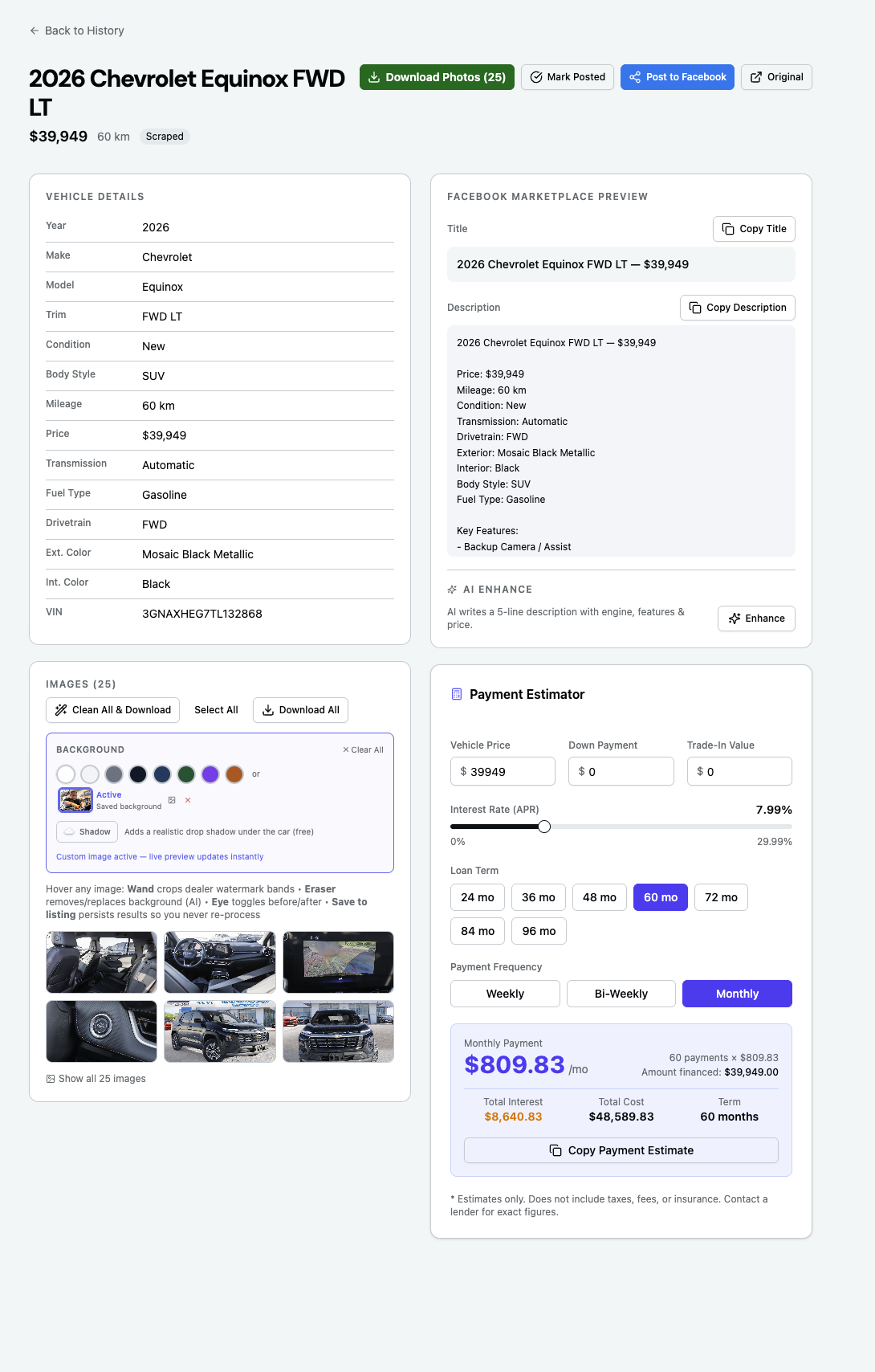 Market Post Pro web app vehicle detail page showing all scraped fields, Facebook preview, and payment estimator